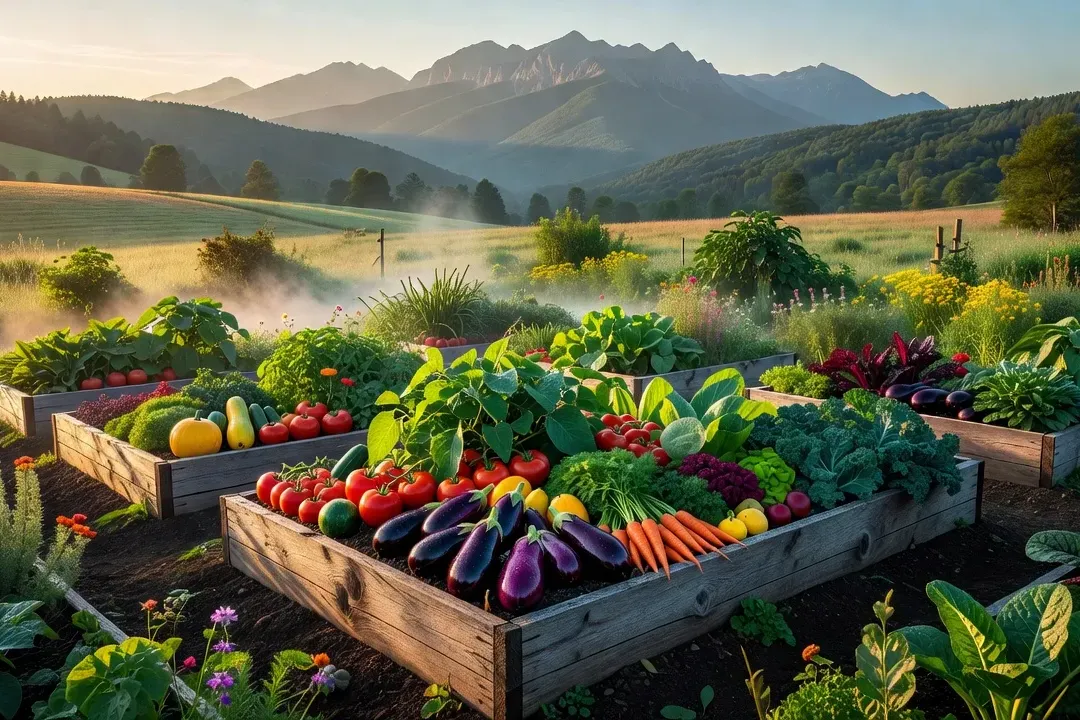 Ferme biologique certifiée en Transylvanie — rangées de légumes et herbes médicinales dans un paysage de collines carpathiennes