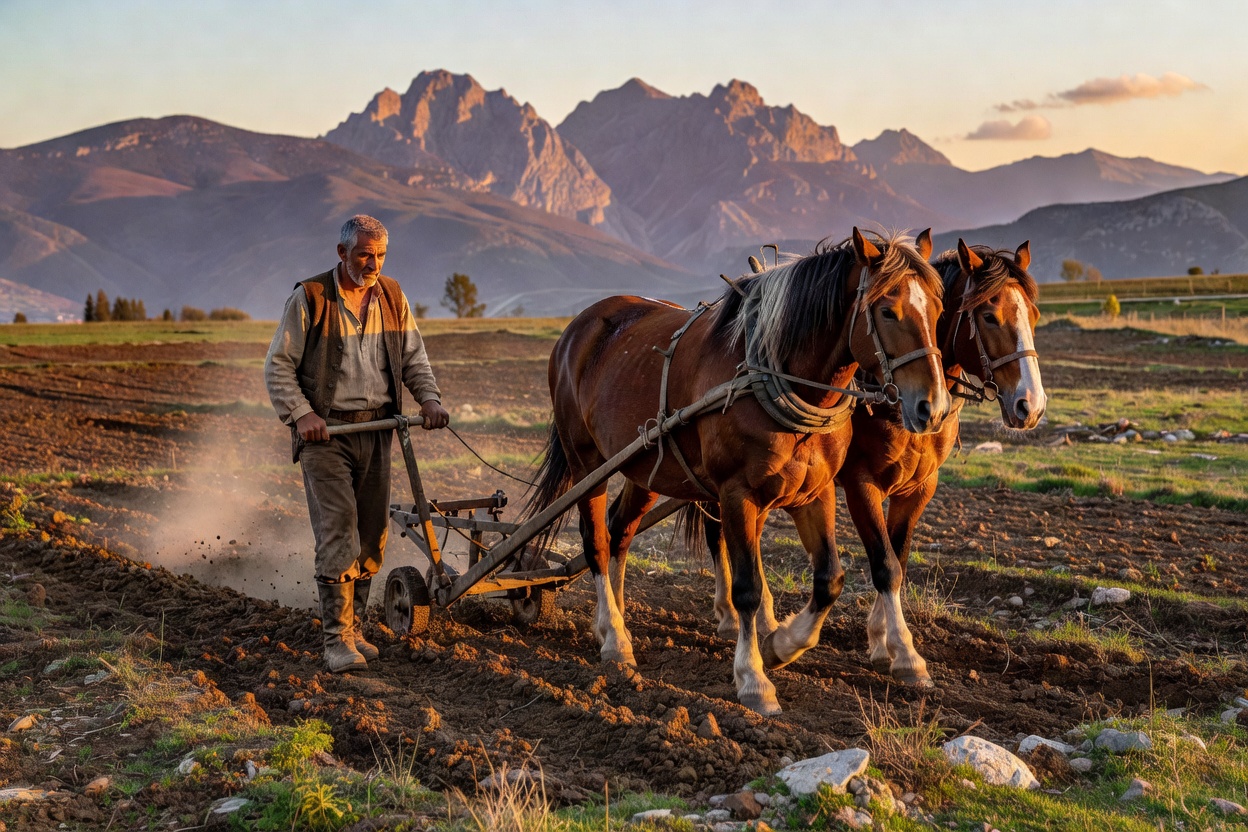 Agriculteur albanais labourant un champ avec des chevaux dans la région montagneuse de Korçë