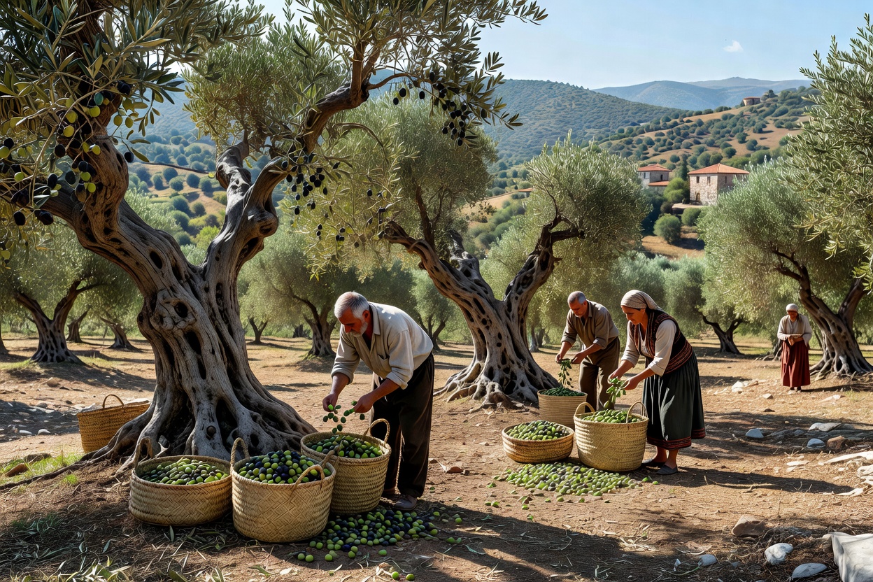 Oliveraie traditionnelle en Albanie du sud avec vieux oliviers tortueux et récolte des olives dans des paniers