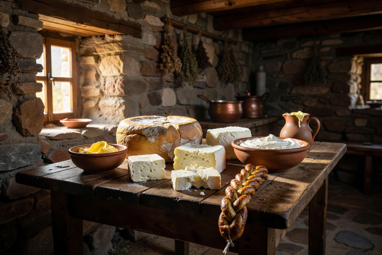 Fromage traditionnel albanais et produits laitiers sur une table en bois rustique avec montagne en arrière-plan