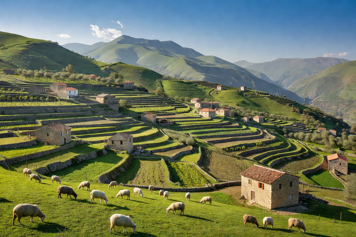 Paysage montagneux albanais avec terrasses agricoles, moutons paissant et fermes traditionnelles en pierre