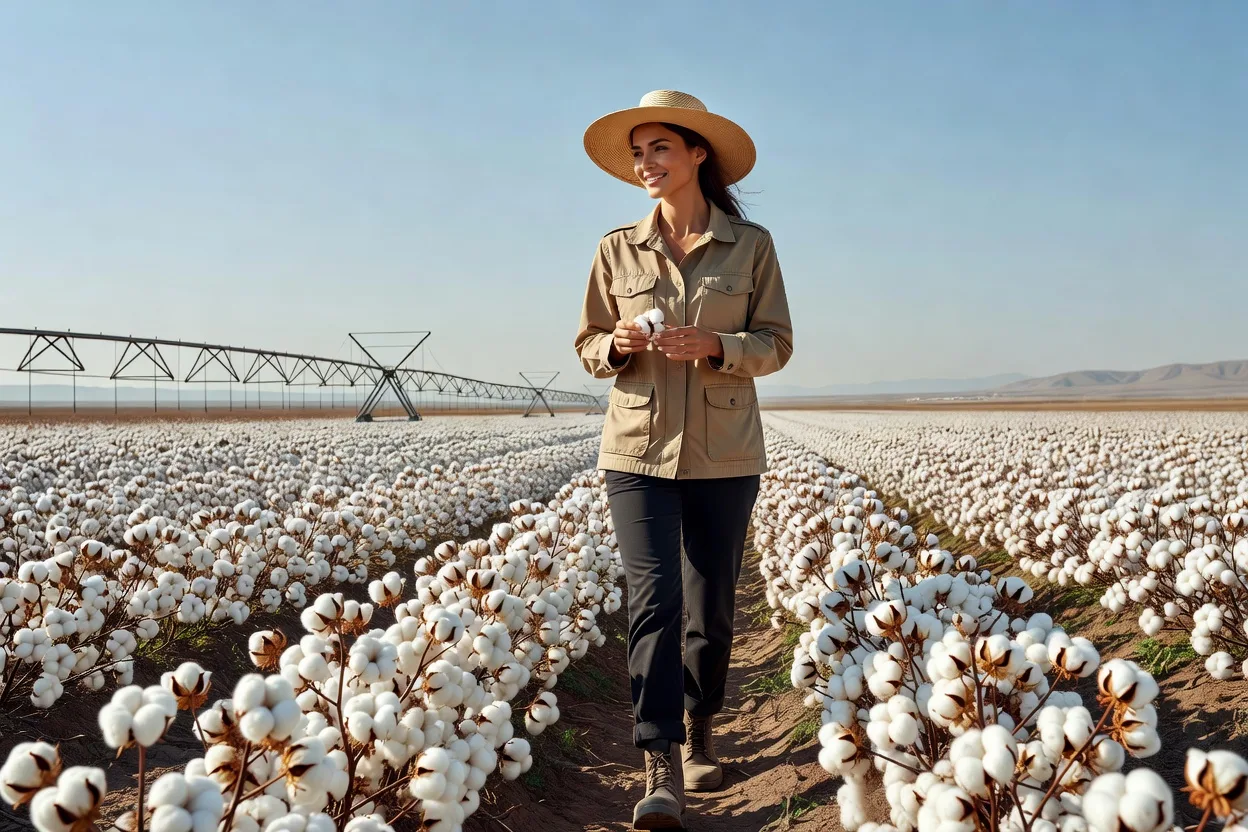 Femme inspectant un champ de coton irrigué par pivot dans la région de Shirvan-Salyan, Azerbaïdjan