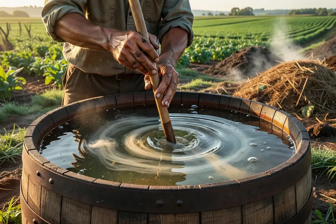 Agriculteur biodynamique brassant une préparation biodynamique dans un tonneau en bois — bouse de corne dynamisée