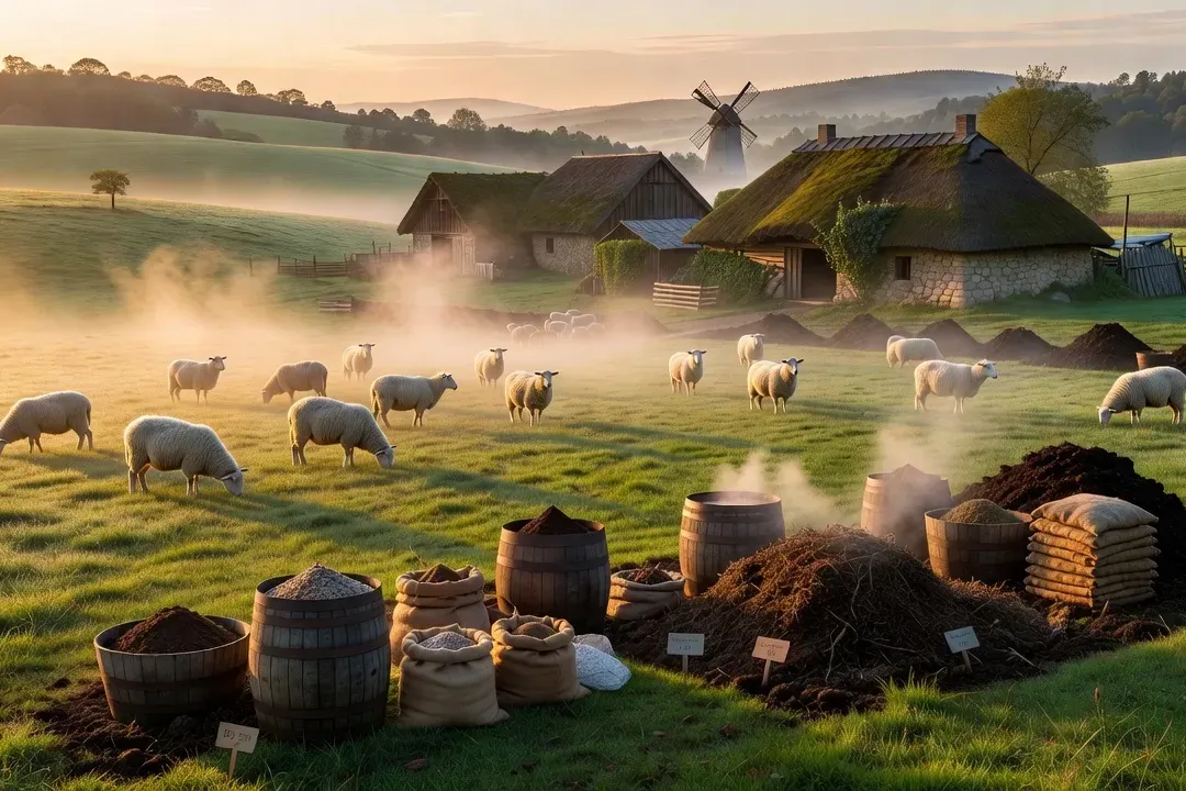 Ferme biodynamique à l'aube en Europe de l'Est — brume matinale, moutons et certification Demeter
