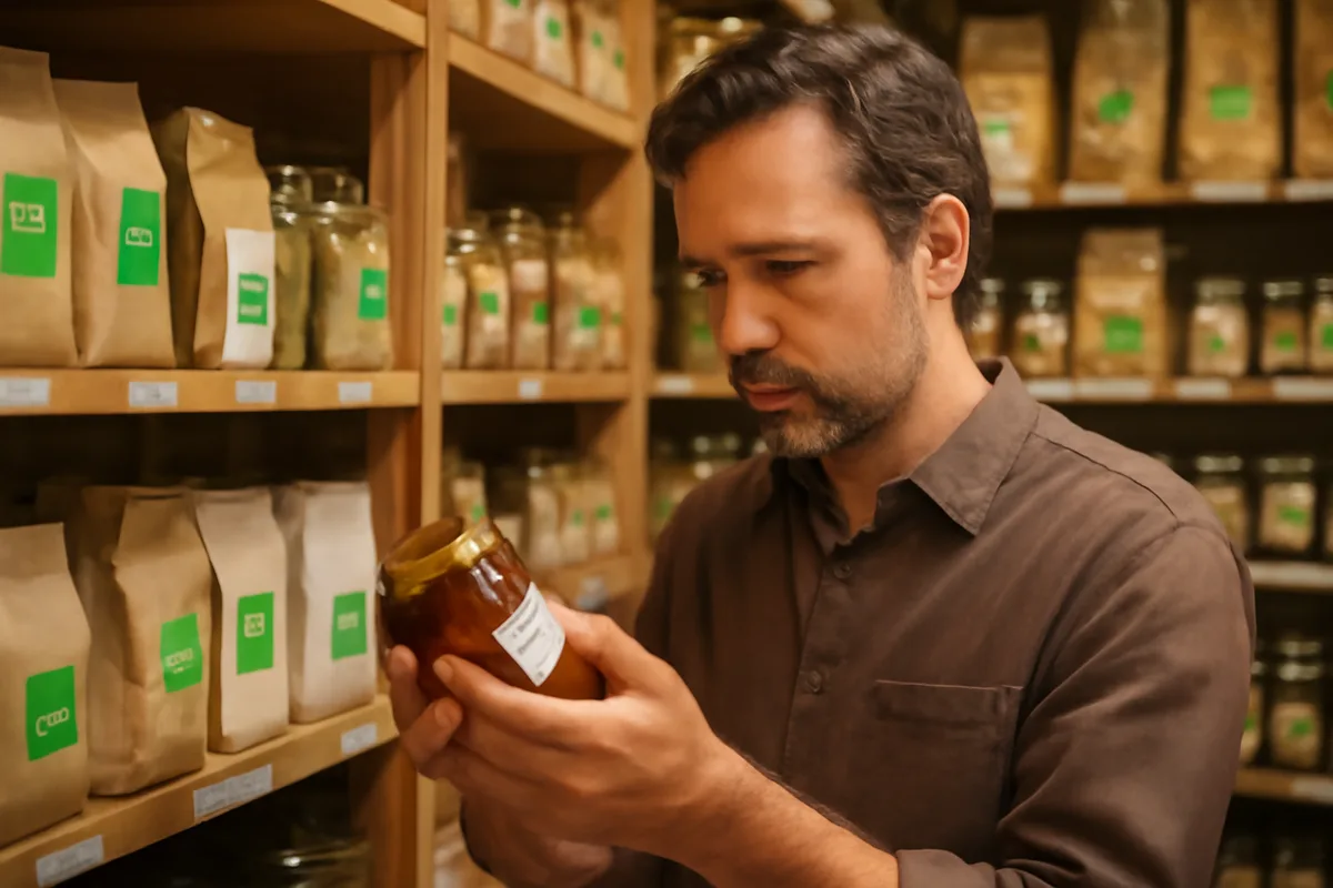 Homme lisant l'étiquette arrière d'un pot de conserve bio dans un magasin bio français, étagères de produits certifiés en arrière-plan