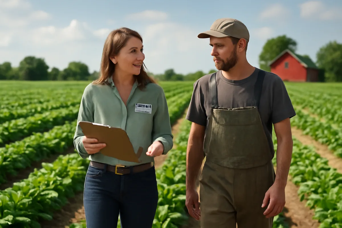 Inspectrice d'un organisme de certification bio avec un dossier marchant entre les rangs de cultures avec un agriculteur dans un champ européen
