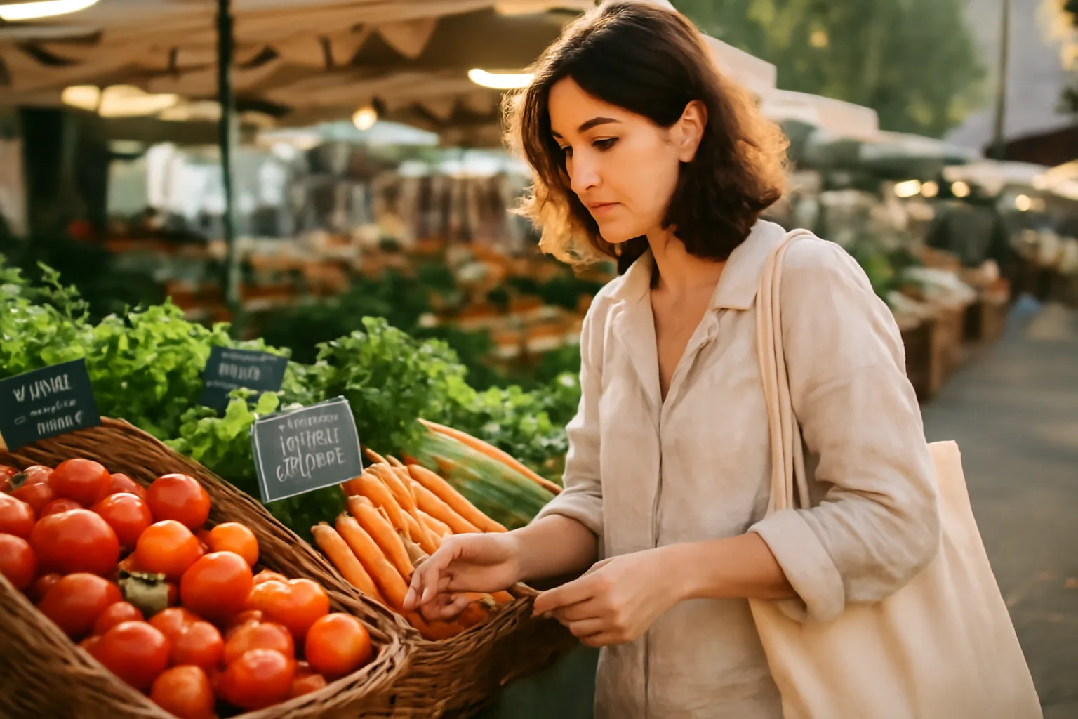 Femme examinant des légumes bio sur un étal de marché paysan français, paniers d'osier et étiquettes vertes de certification