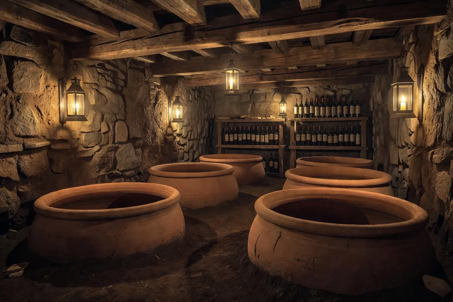 Amphores qvevri enterrées dans un chai géorgien — vinification ancestrale en Kakhétie