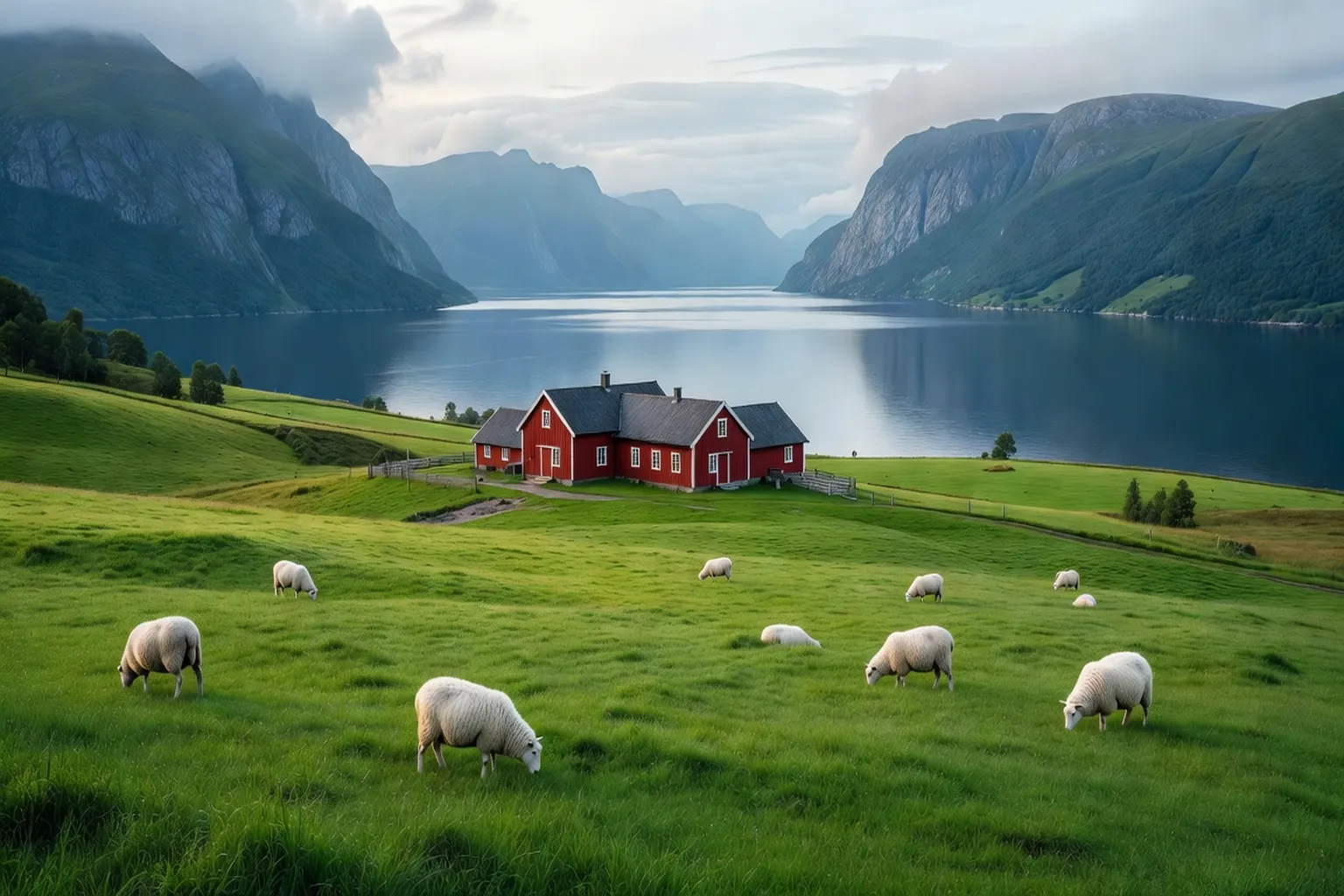 Paysage agricole norvégien avec fjord, moutons blancs sur prairie verte et ferme rouge traditionnelle