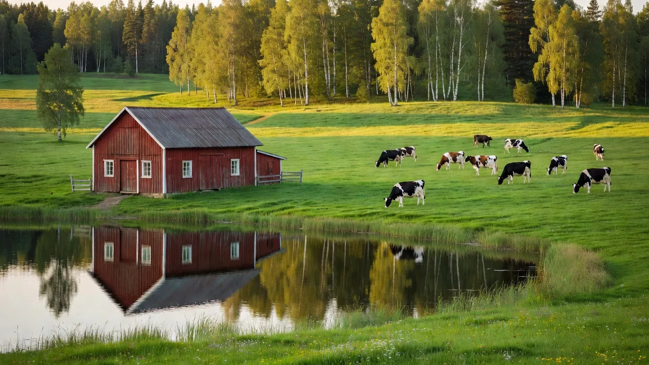 Ferme scandinave en Finlande avec lac et forêt de bouleaux — agriculture nordique 2026