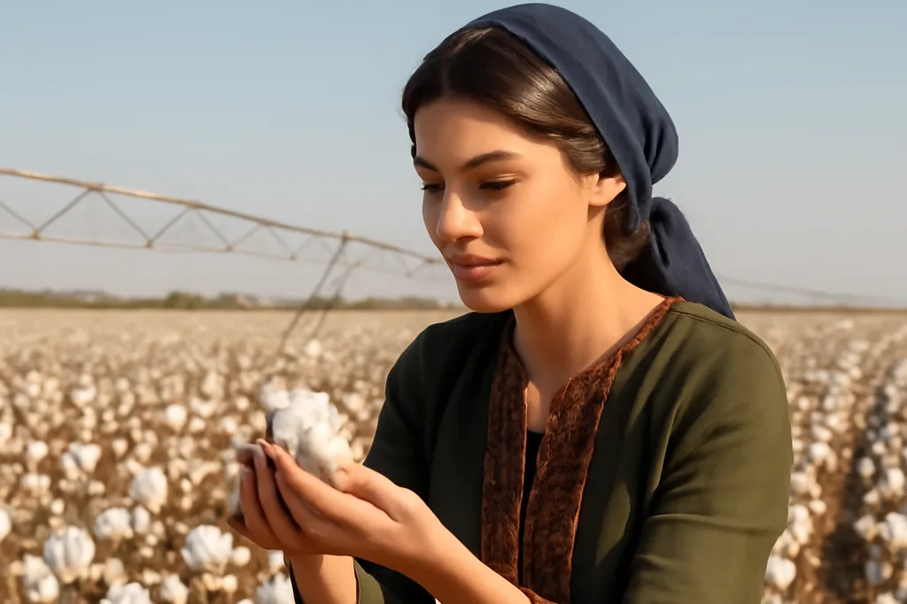 Femme examinant le canal d'irrigation du Karakoum dans le désert turkmène, agriculture et coton 2026