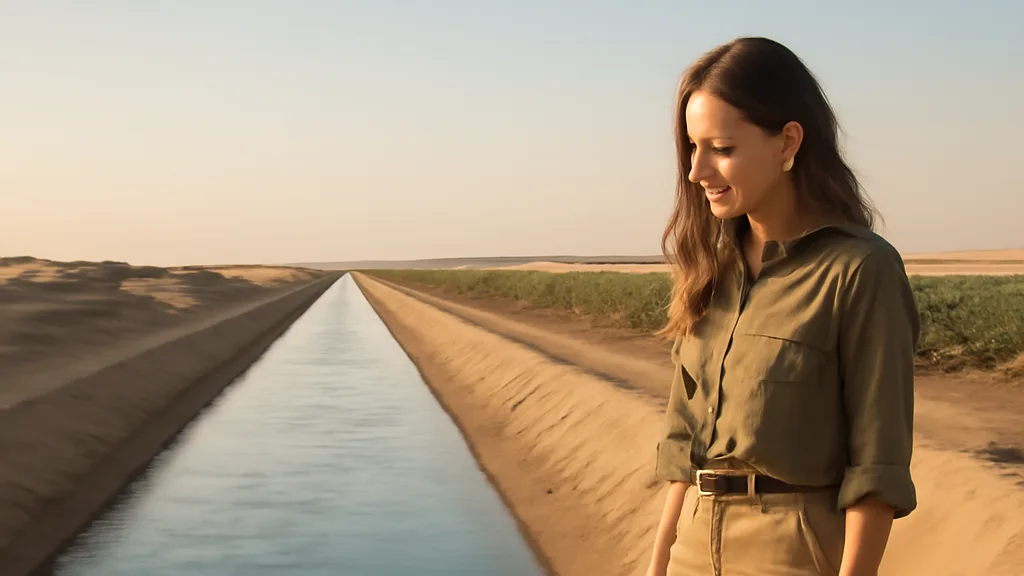 Femme examinant le canal d'irrigation du Karakoum dans le désert turkmène, agriculture et coton 2026