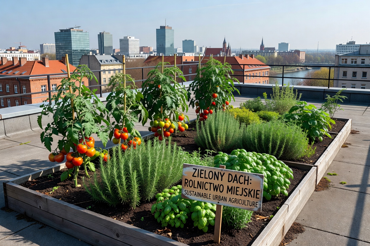 Toit vert végétalisé sur un bâtiment public à Prague avec plants de tomates et herbes aromatiques
