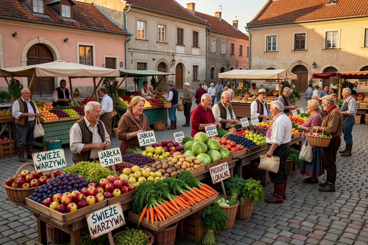Marché paysan sur une place de village en Europe de l'Est avec étals de légumes frais et paniers de fruits
