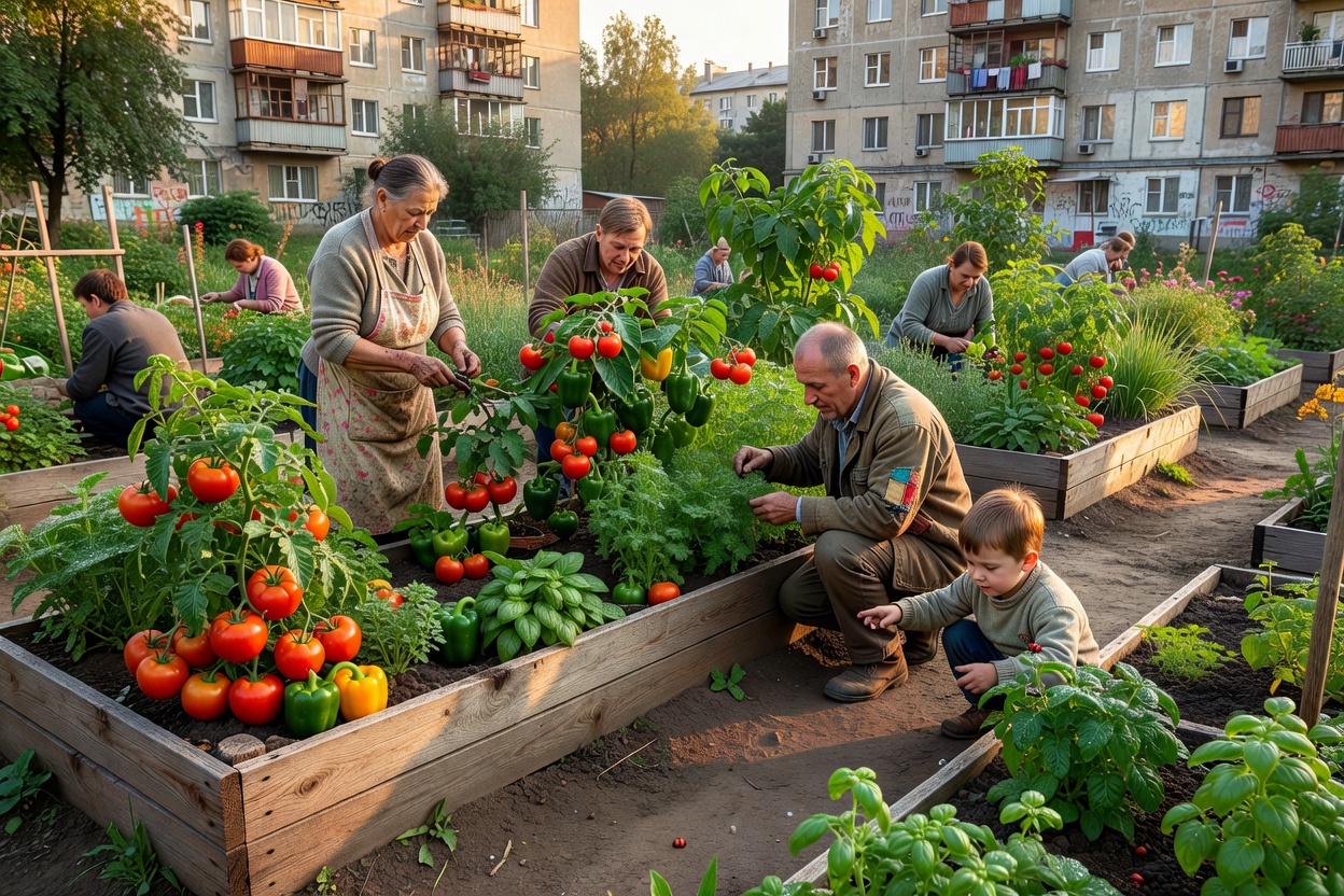 Jardin communautaire urbain en Europe de l'Est avec bacs en bois, familles cultivant des légumes et immeubles en arrière-plan