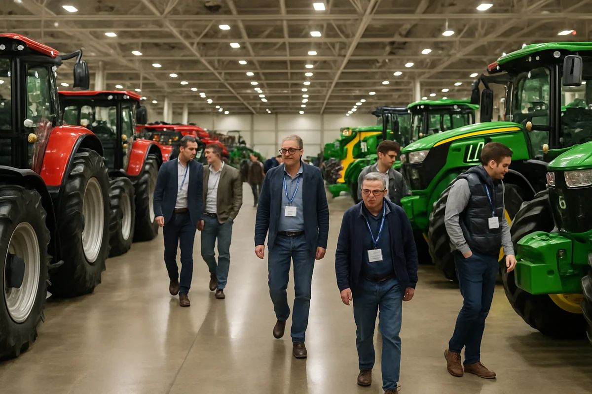 Vue panoramique d'un hall d'Agritechnica à Hanovre avec rangées de tracteurs neufs et visiteurs portant des badges