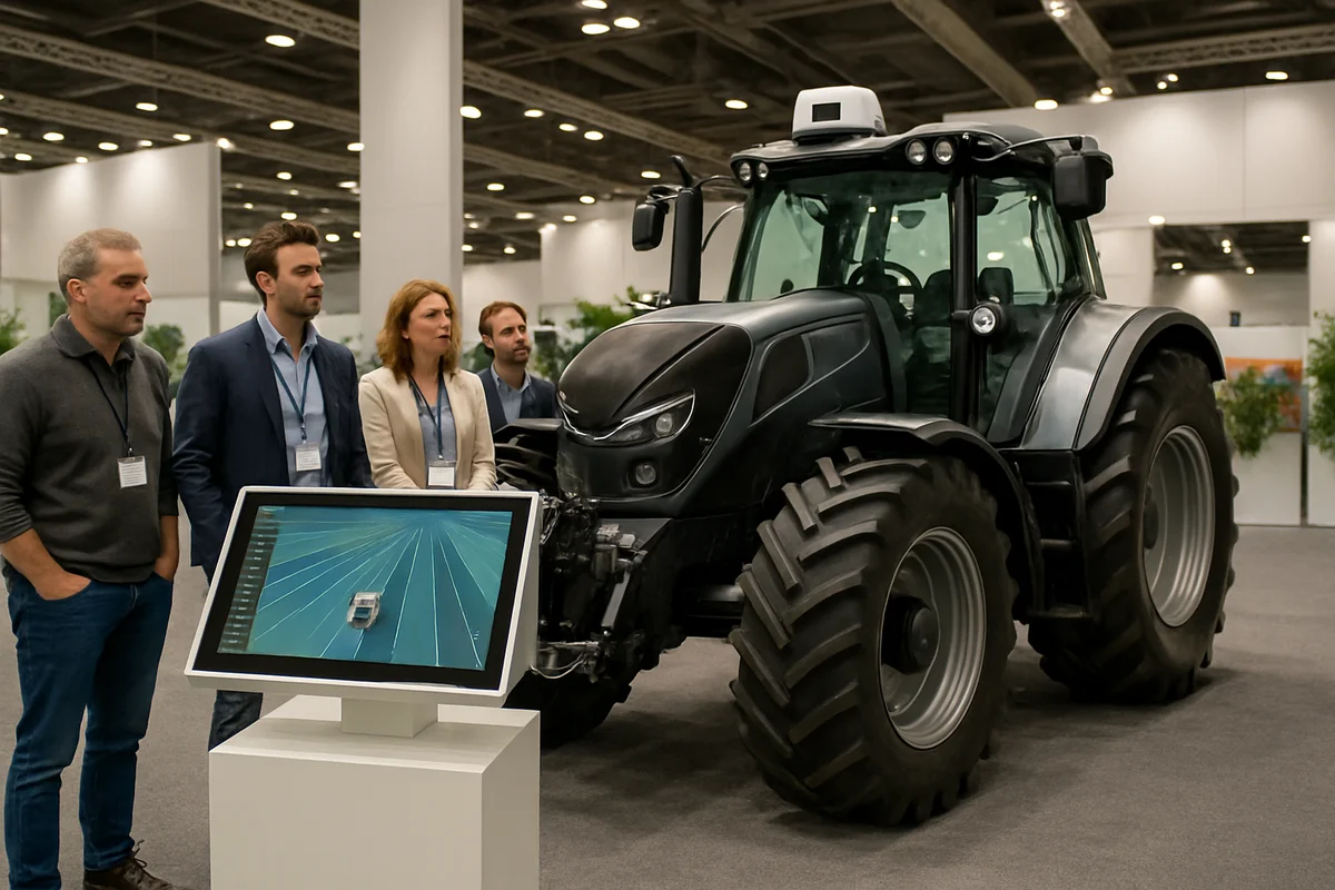 Tracteur autonome de démonstration exposé sur un stand d'Agritechnica avec visiteurs adultes consultant l'écran de contrôle