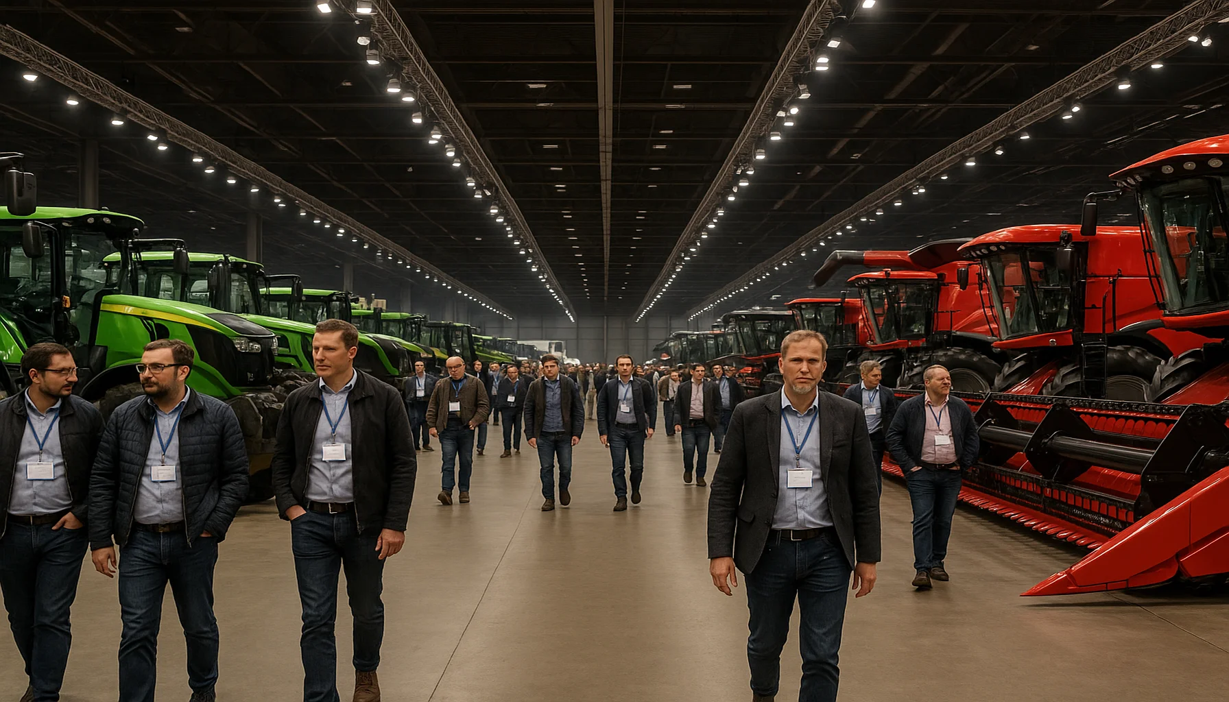 Hall d'exposition d'Agritechnica à Hanovre avec tracteurs et machines agricoles exposés et visiteurs professionnels