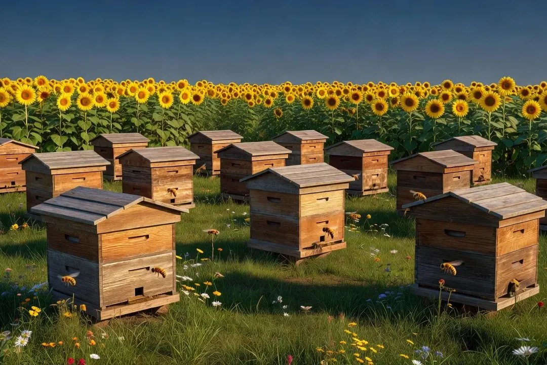 Ruches d'apiculture dans les steppes ukrainiennes — champs de tournesol et de sarrasin à perte de vue