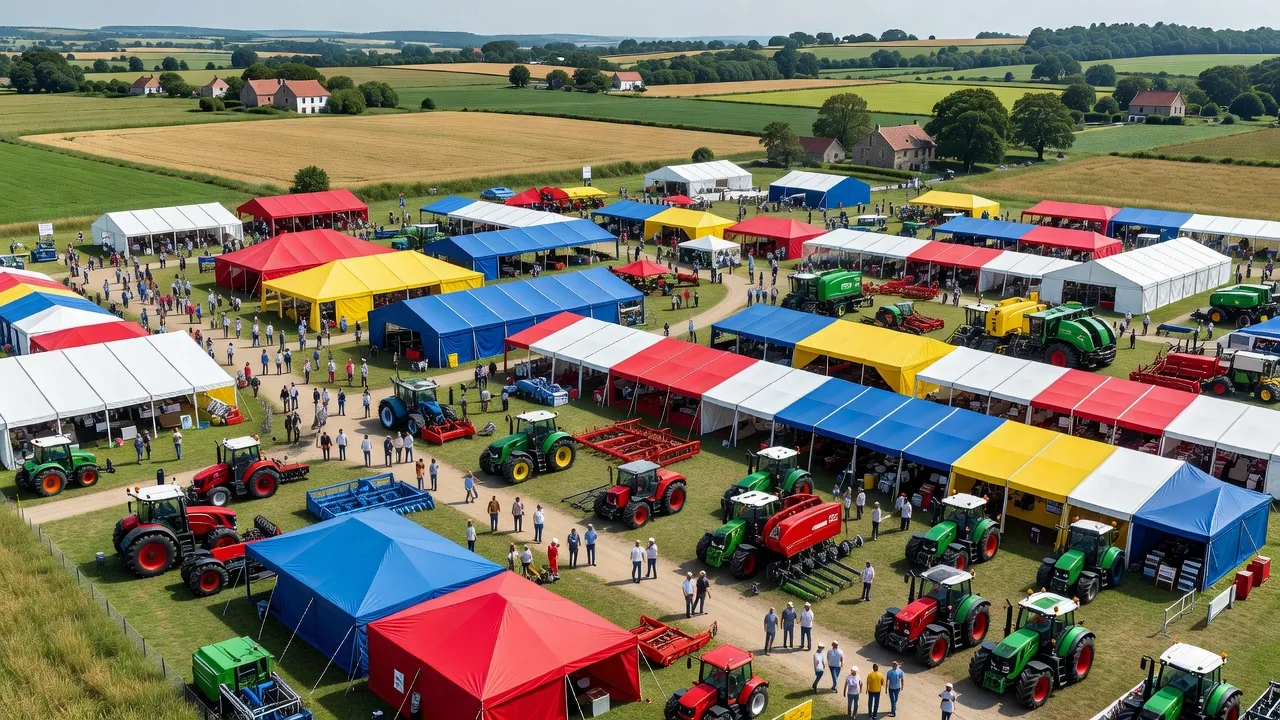 Vue aérienne d'un grand salon agricole avec halls d'exposition — calendrier événements 2026