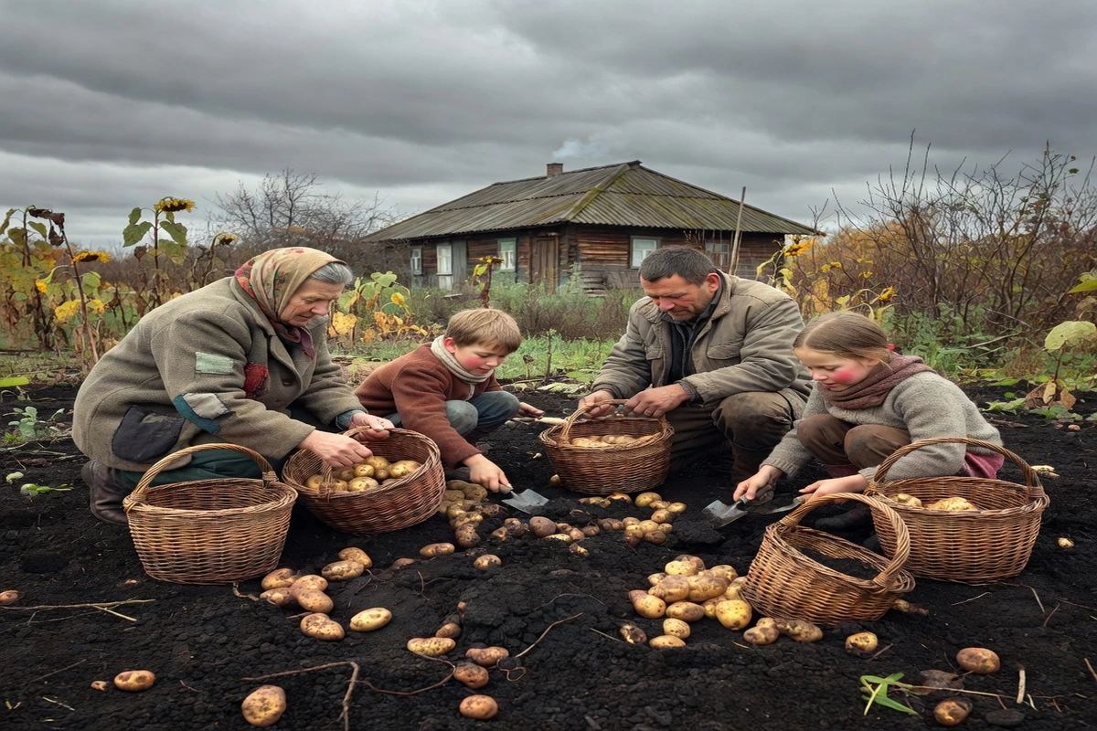 Famille paysanne d'Europe de l'Est récoltant des pommes de terre dans un potager de datcha, paniers en osier et terre noire