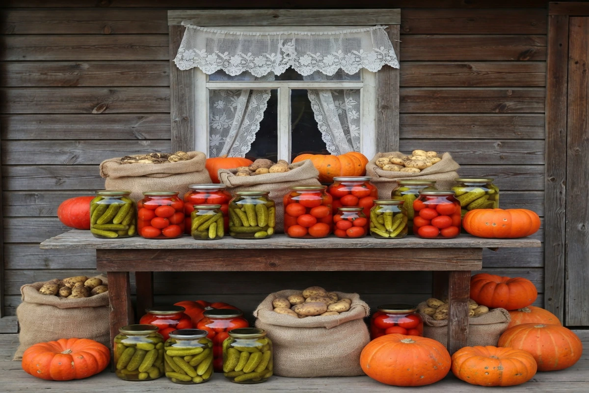 Table en bois devant une datcha couverte de bocaux de conserves d'automne, pommes de terre en sacs de jute et potirons