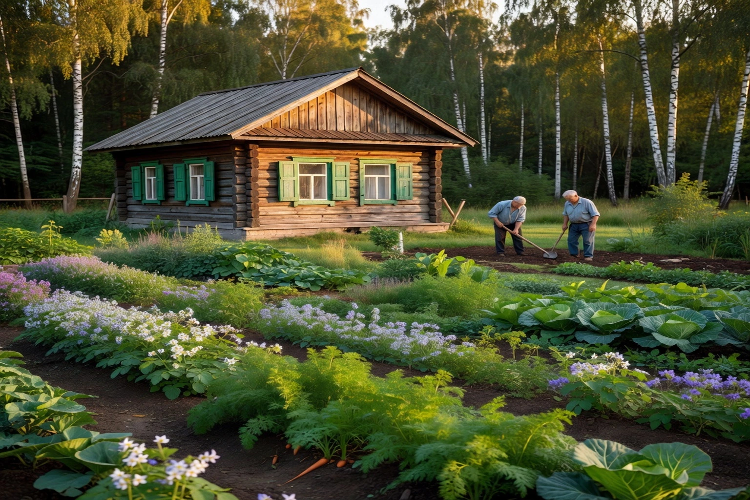 Datcha en bois traditionnelle russe au milieu d'un grand potager familial avec rangs de pommes de terre, choux et bouleaux en arrière-plan