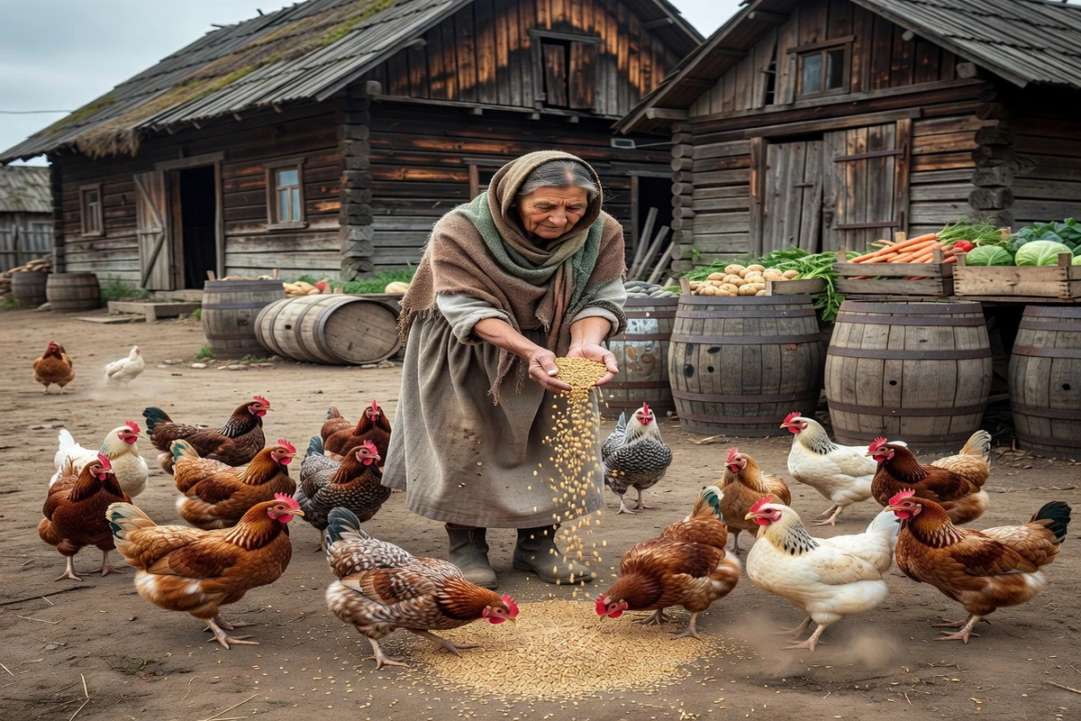 Paysanne âgée d'Europe de l'Est donnant du grain à des poules dans une basse-cour en terre battue devant des bâtiments en bois anciens