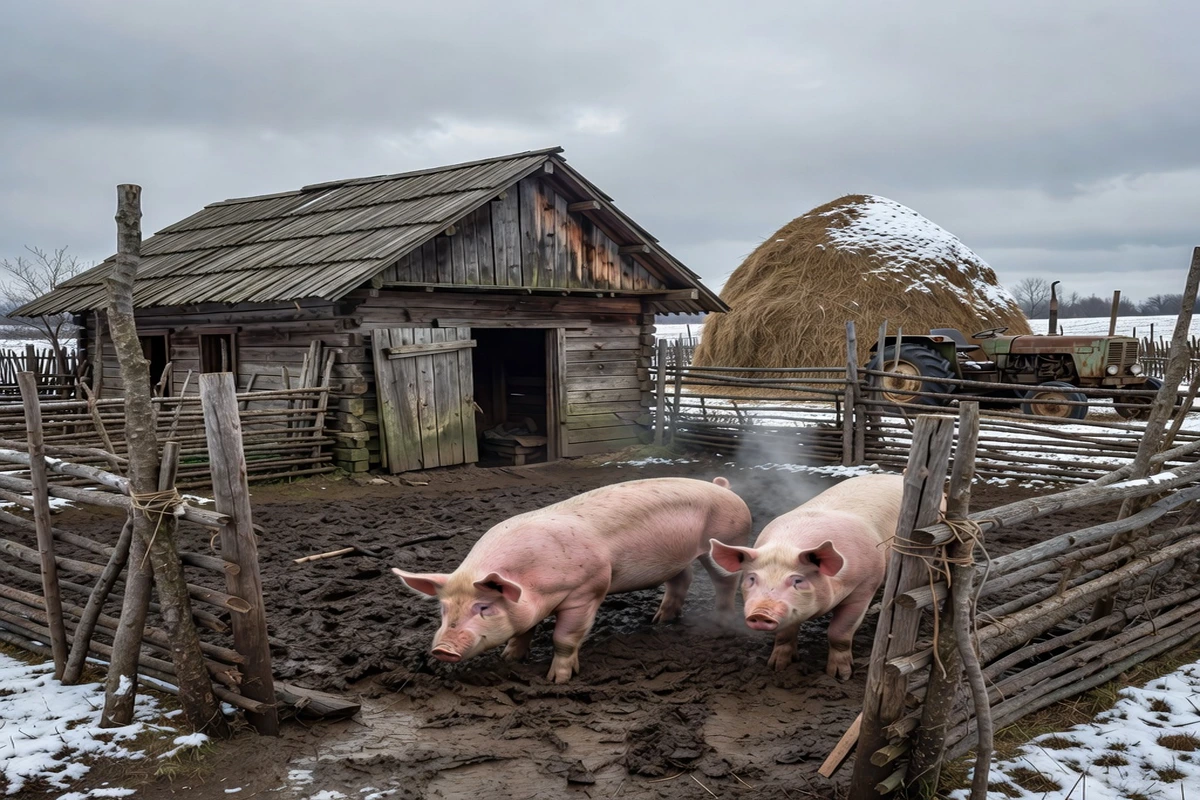 Porcherie traditionnelle en bois d'une ferme familiale de Roumanie avec deux cochons en plein air, meule de foin et vieux tracteur en arrière-plan sous un ciel d'hiver