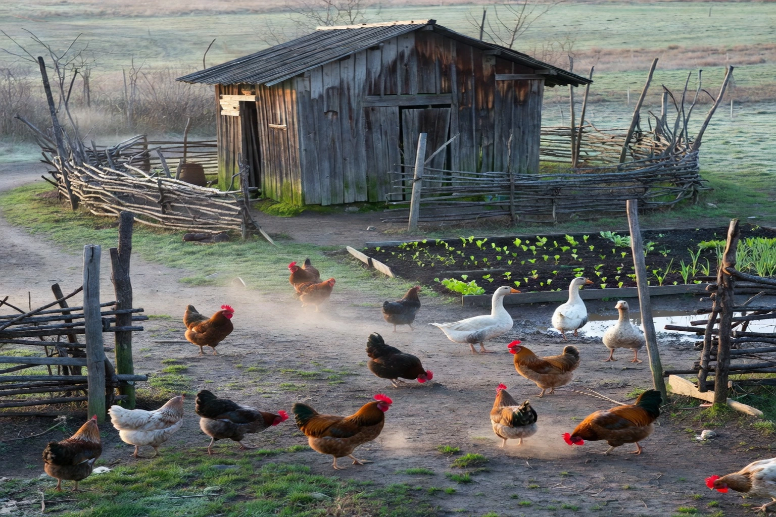 Cour de basse-cour rurale d'Europe de l'Est avec poules, oies, grange en bois patinée, clôture rustique et potager