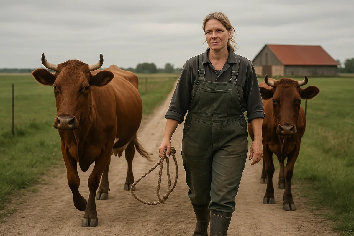 Éleveuse lettonne en combinaison conduisant deux vaches laitières brunes sur un chemin entre des pâturages près d'une grange
