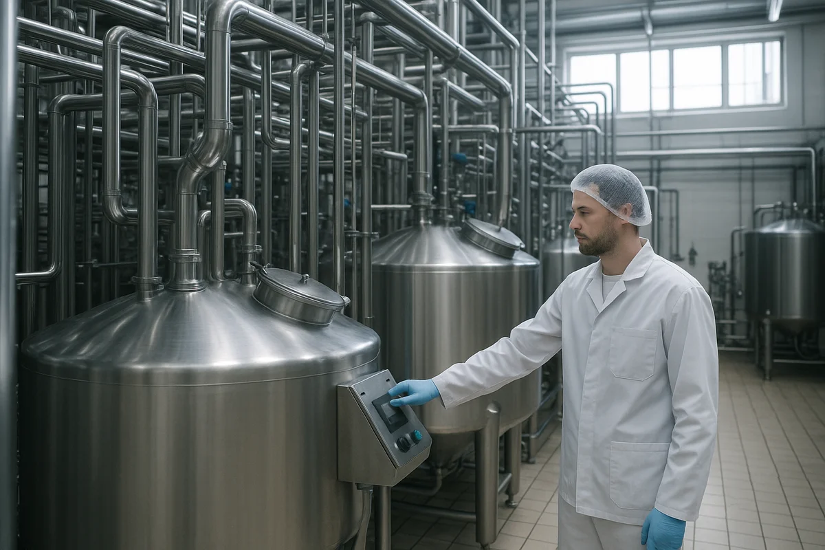 Agent de production en tenue hygiénique blanche supervisant une chaîne de pasteurisation en inox dans une laiterie balte moderne