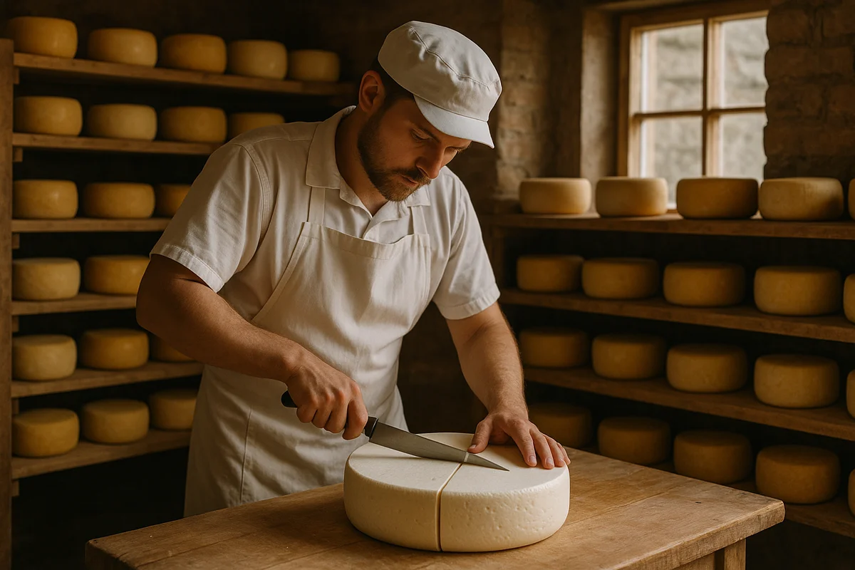 Fromager dans une cave d'affinage balte découpant une meule de fromage blanche sur une table en bois