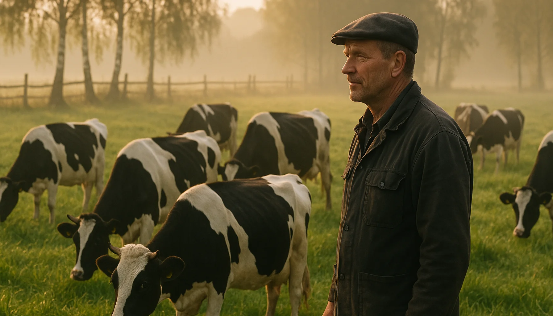 Éleveur laitier au milieu d'un troupeau de vaches Holstein dans une prairie des pays baltes à la lumière du matin