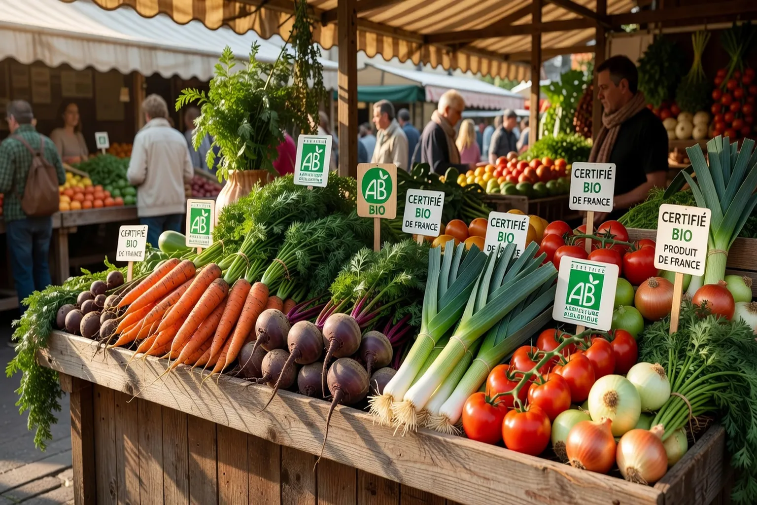 Légumes biologiques certifiés sur un étal de marché bio français, labels AB et Demeter visibles