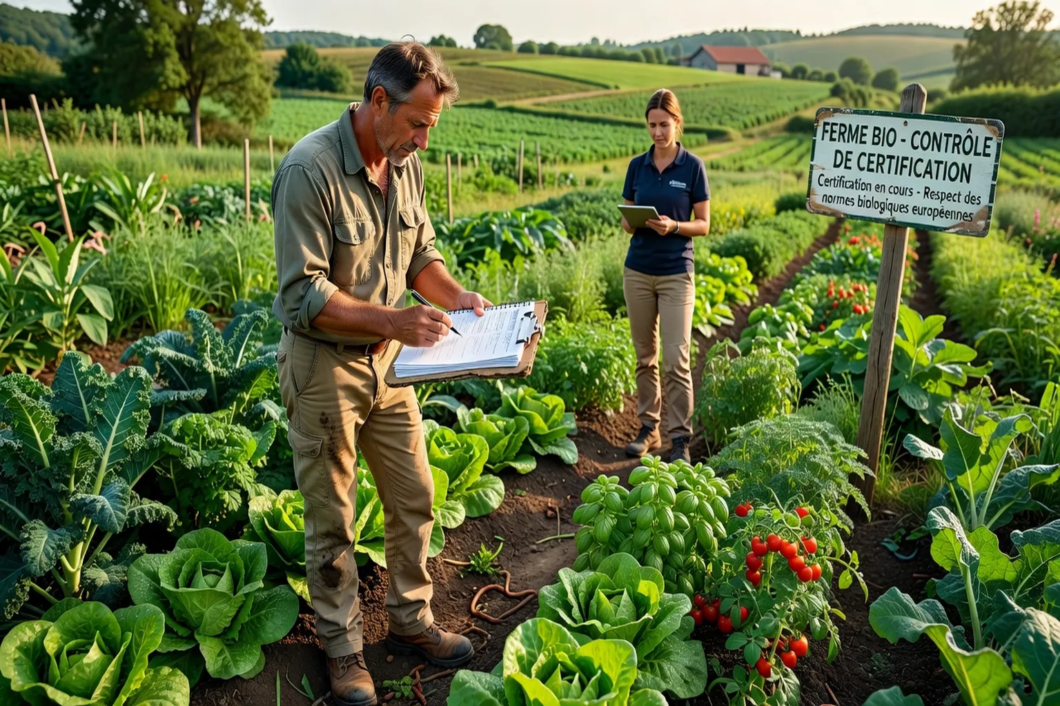Agriculteur bio avec carnet de contrôle dans ses cultures, processus de certification biologique