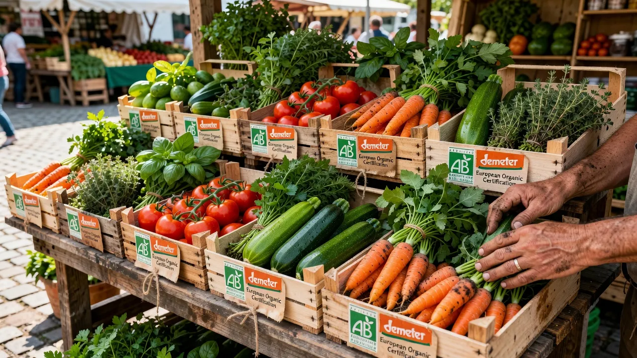 Label AB Agriculture Biologique sur fond de légumes bio — guide certifications Europe 2026