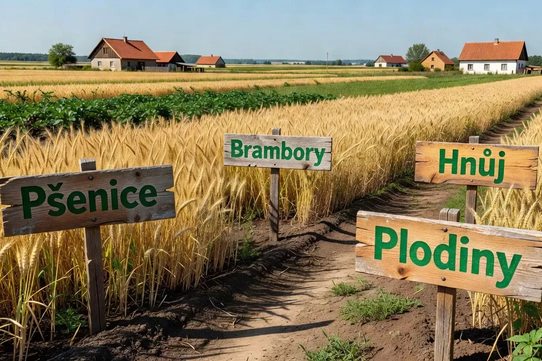 Panneaux en bois avec termes agricoles écrits en vert dans un champ pédagogique — parcours de ferme éducative