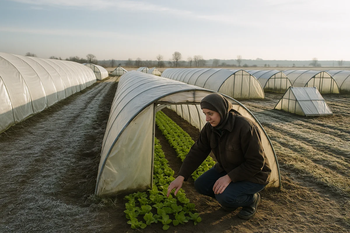 Rangs de serres en plastique et tunnels maraîchers dans une ferme familiale polonaise, sous un ciel d'hiver lumineux