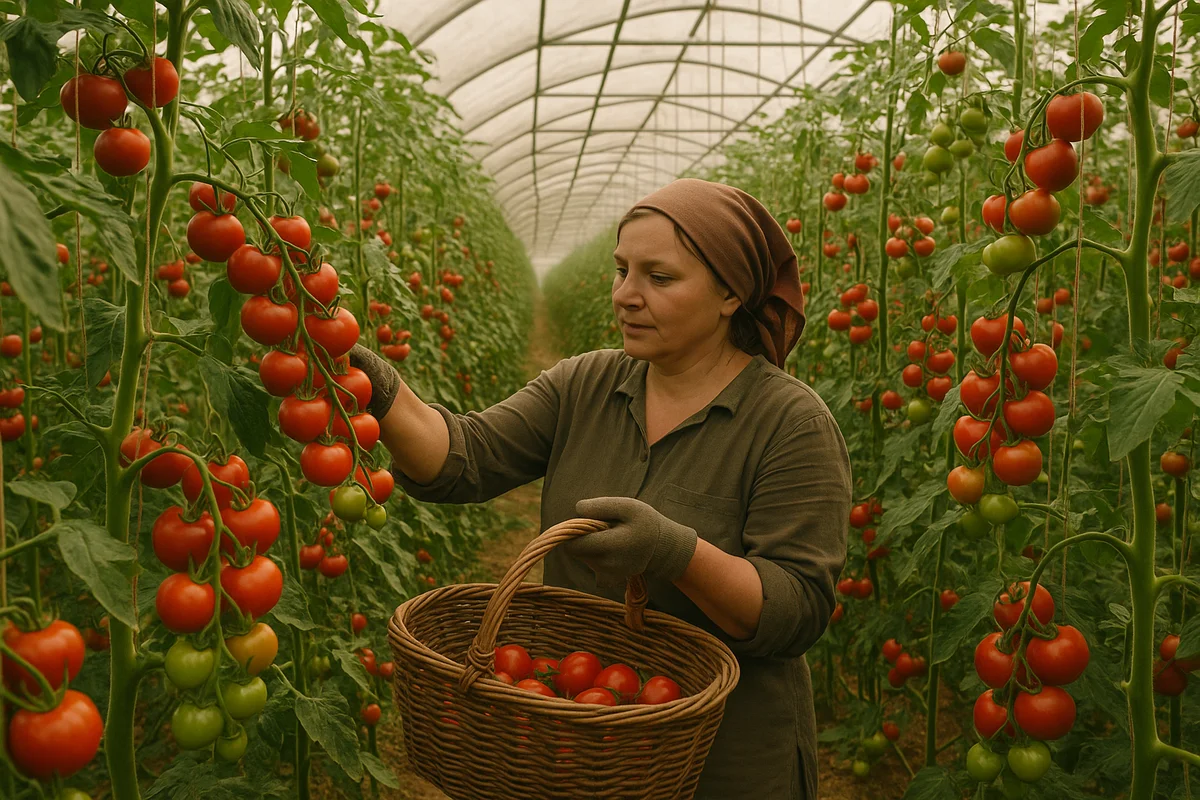 Ceuilleuse récoltant des grappes de tomates mûres dans une serre chauffée d'Europe de l'Est, panier à la main