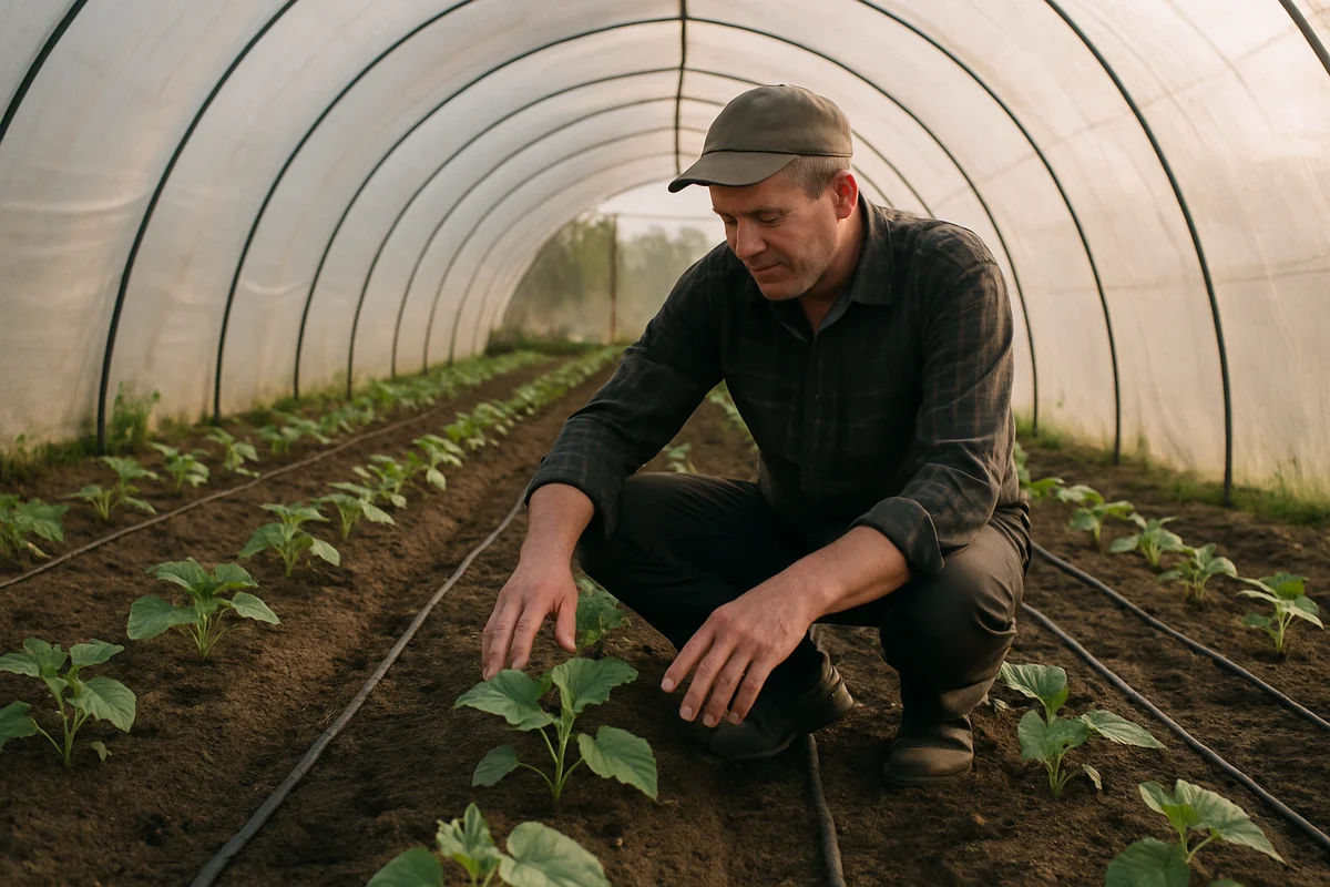 Maraîcher âgé inspectant des rangs de jeunes plants de concombres sous tunnel non chauffé en début de saison