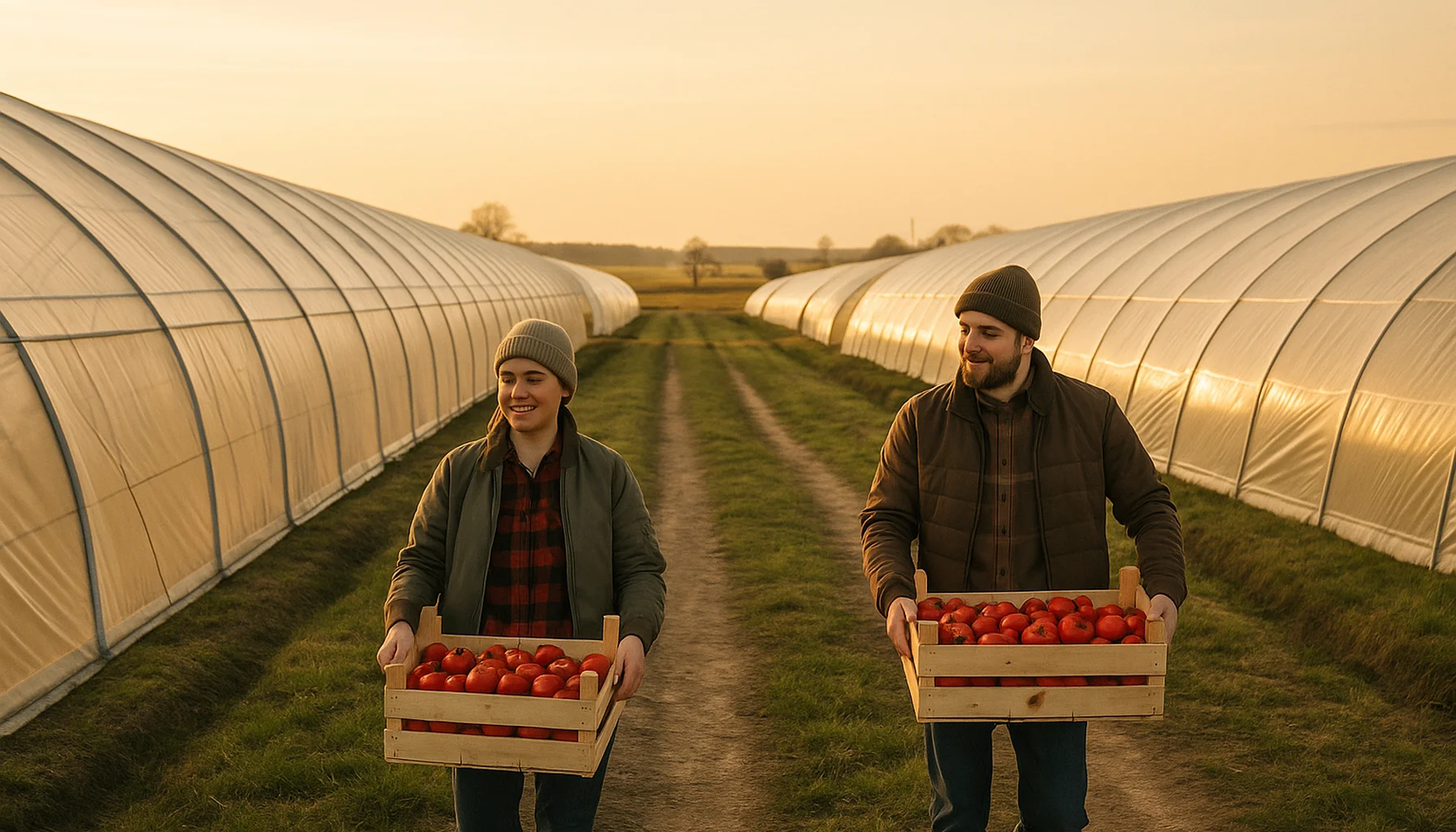 Rangs de serres de maraîchage en plaine polonaise avec maraîchers travaillant entre les cultures de tomates
