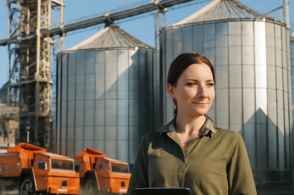 Agricultrice inspectant un champ de blé lors de la moisson dans le sud de la Russie, région de Krasnodar