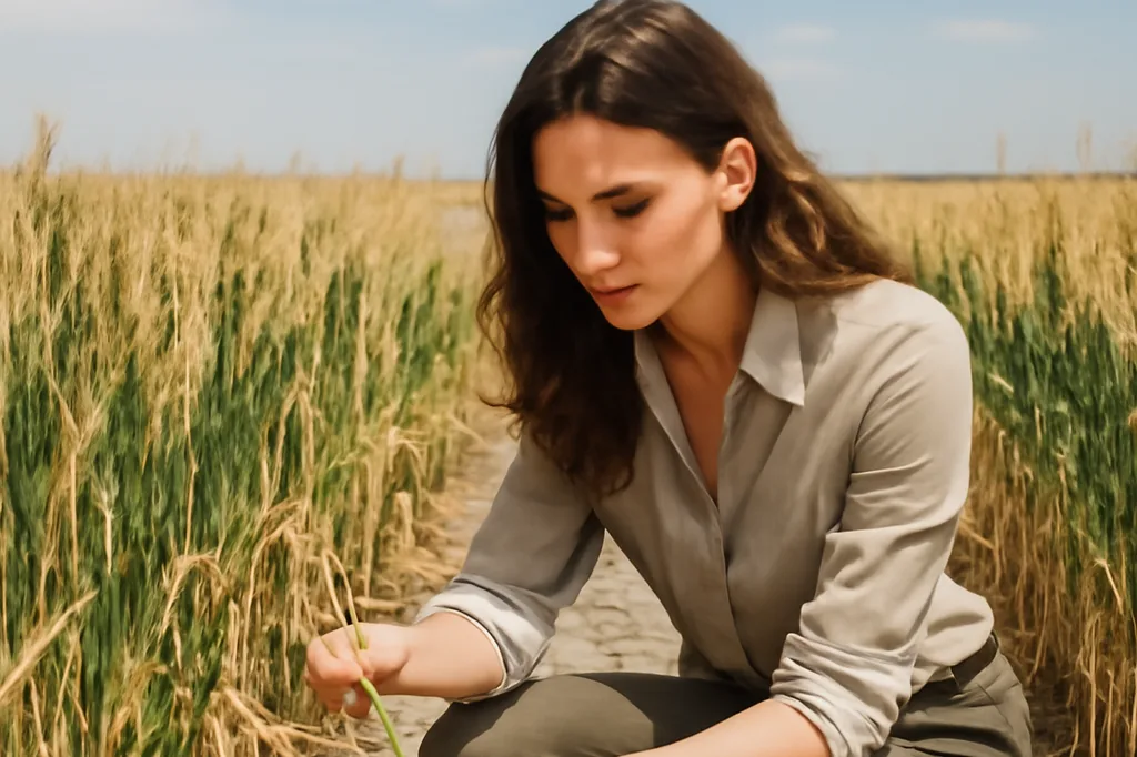 Agricultrice inspectant un champ de blé lors de la moisson dans le sud de la Russie, région de Krasnodar