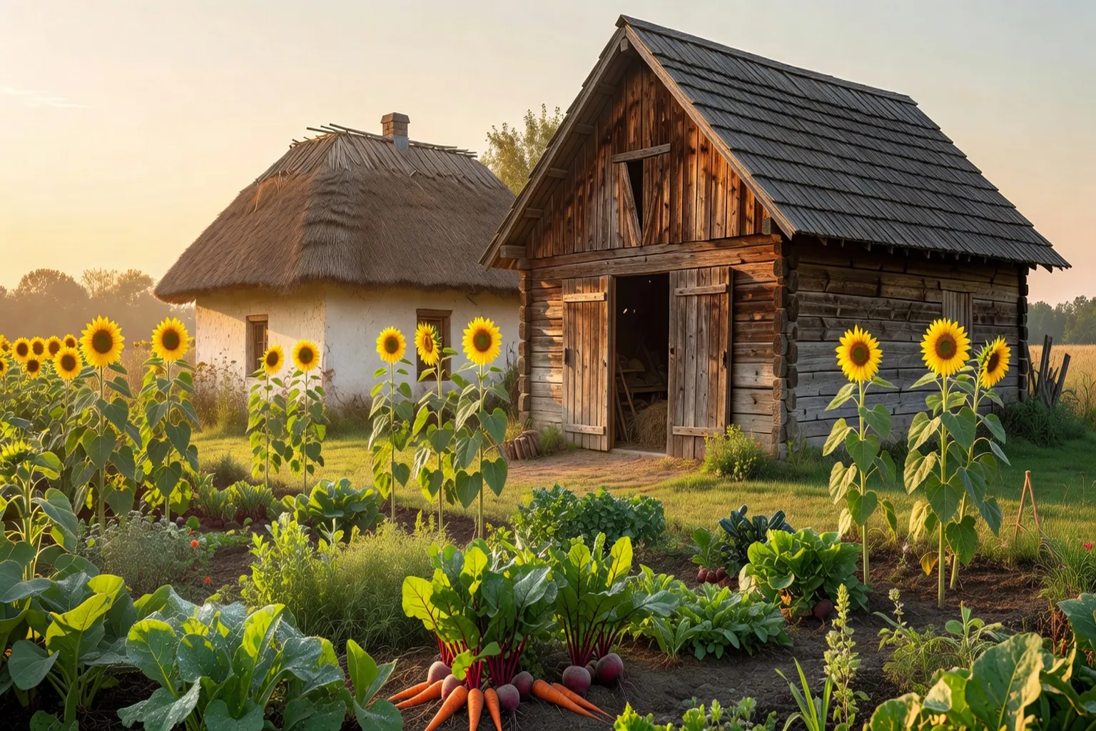 Petite ferme bio en Mazovie : grange en bois, jardin potager et tournesols