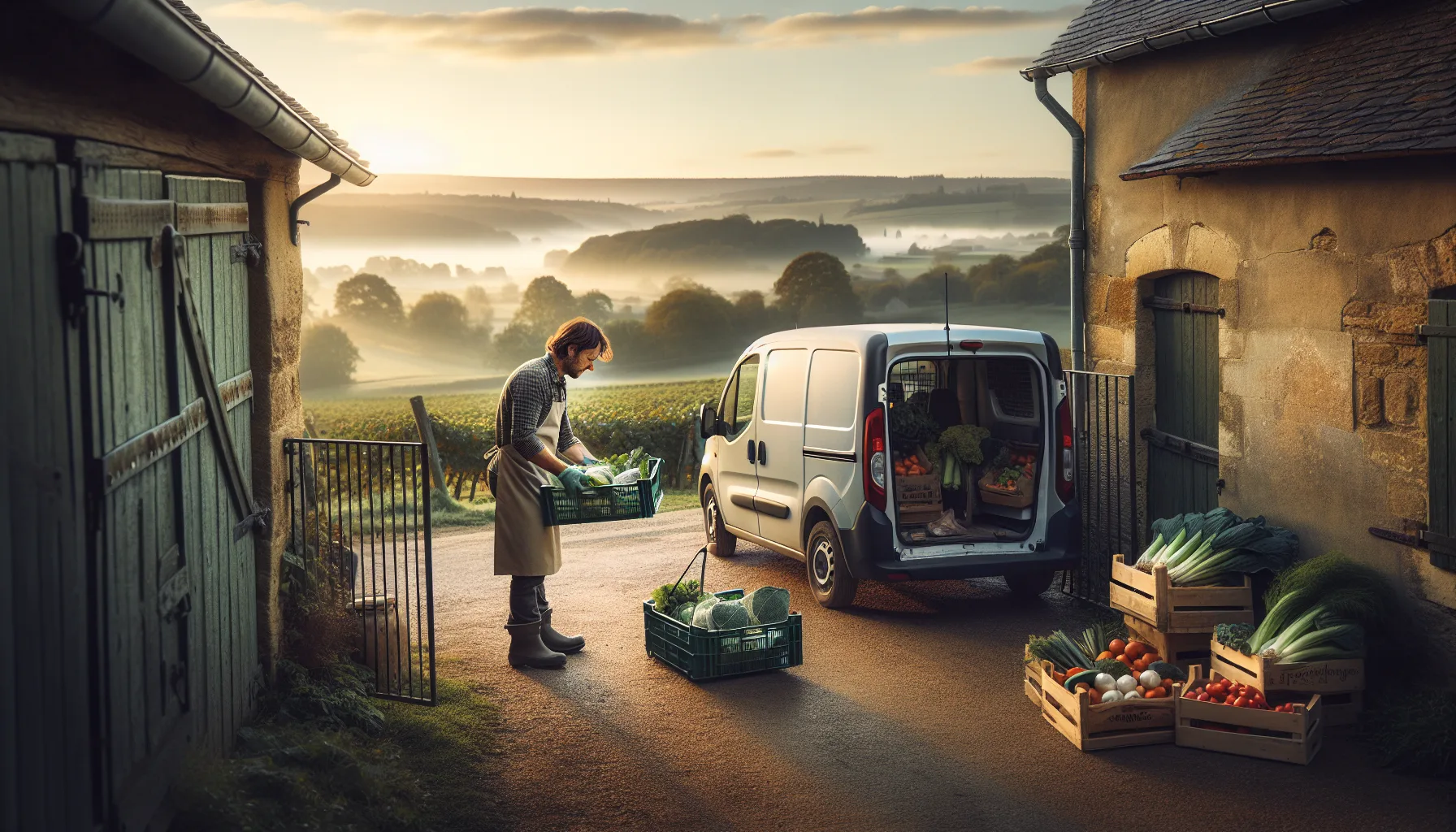 Circuit court agricole en France avec producteur chargeant des légumes frais à la ferme