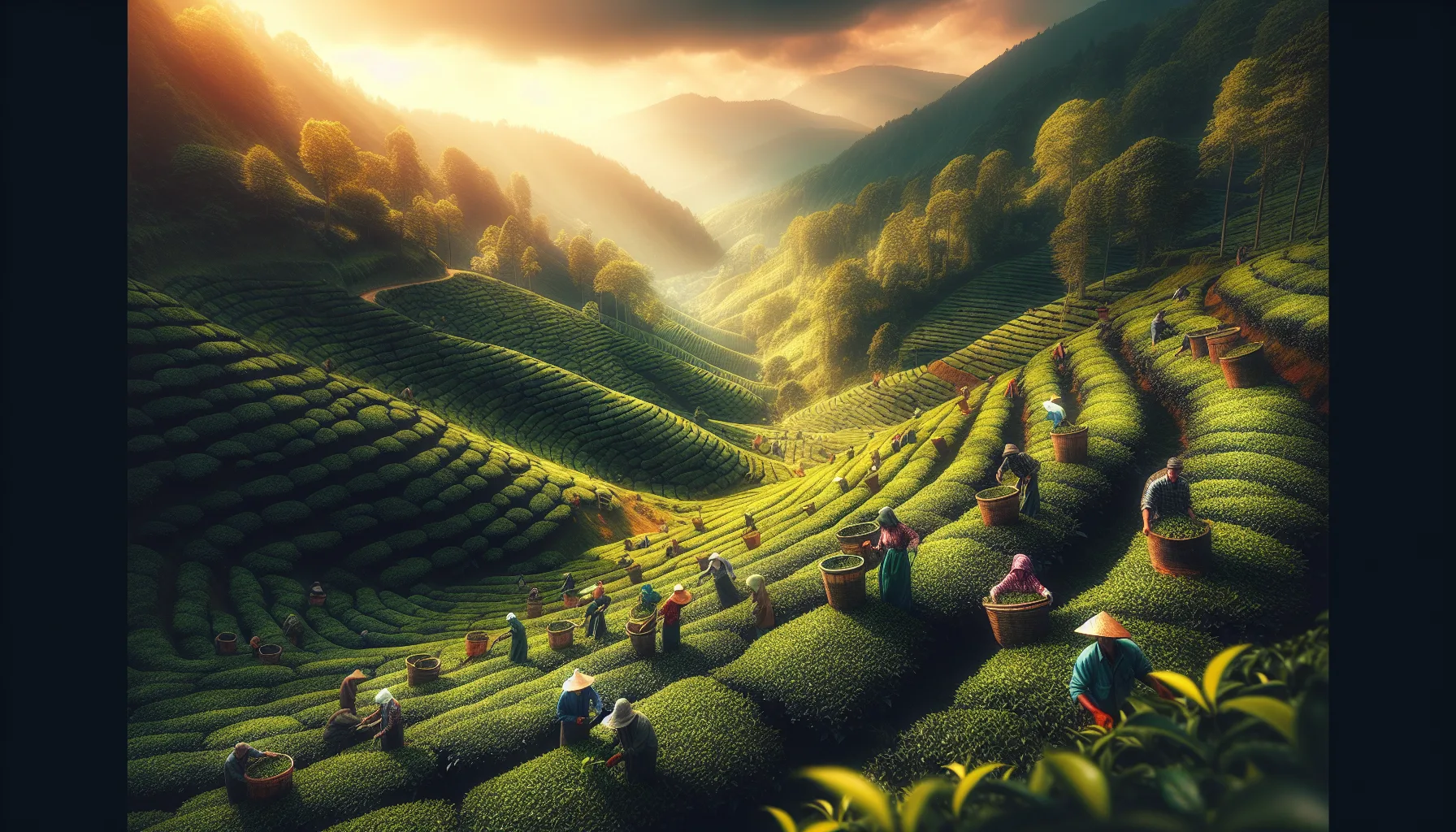 Plantation de thé en Géorgie occidentale avec collines vertes en terrasses et cueilleurs au travail