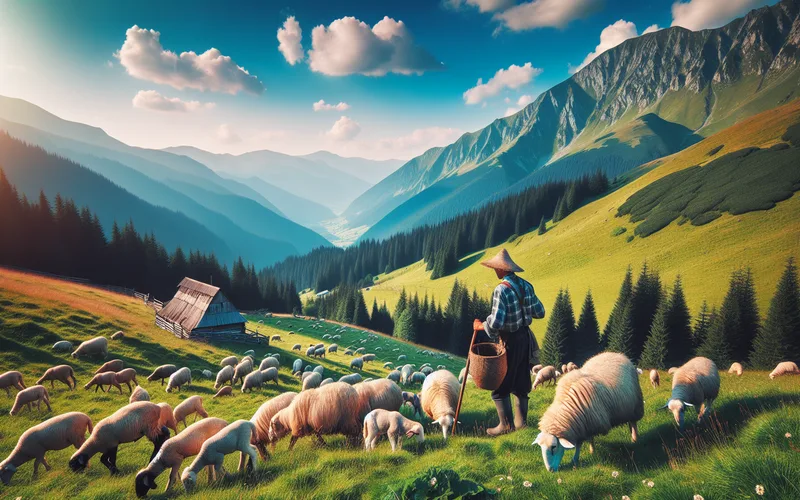 Berger carpatique avec troupeau de brebis sur une prairie alpine, scène pastorale traditionnelle en Pologne ou Roumanie, paysage de montagne verdoyant en été