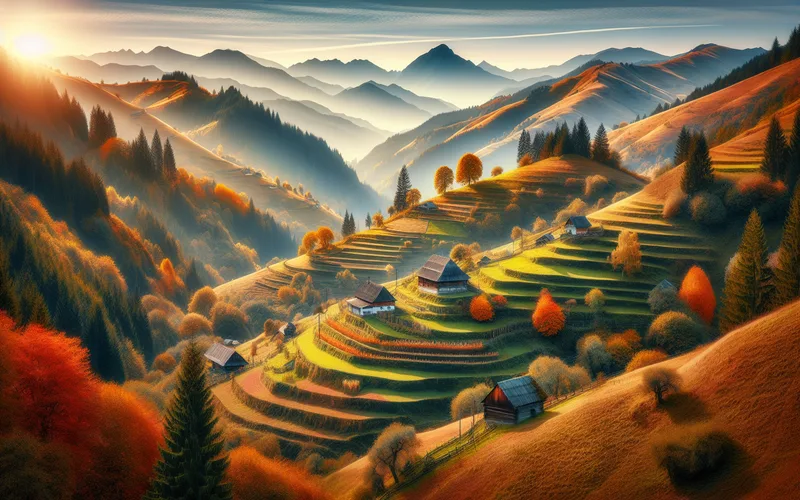Agriculture de montagne en Europe centrale, champs en terrasses sur les pentes des Carpates, petites fermes blotties dans les montagnes aux couleurs d'automne