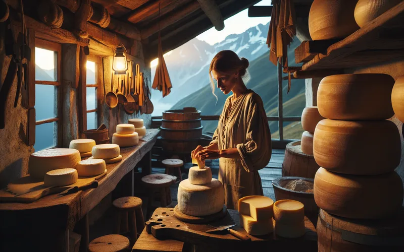 Fabrication artisanale de fromage de montagne en Europe centrale, fromager dans une laiterie rustique aux Carpates ou dans les Alpes, lumière chaude intérieure